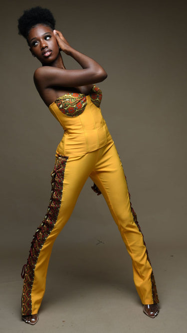 CELESTIAL Haniah Yellow & Ankara Cigarette Pant With Side Lacing